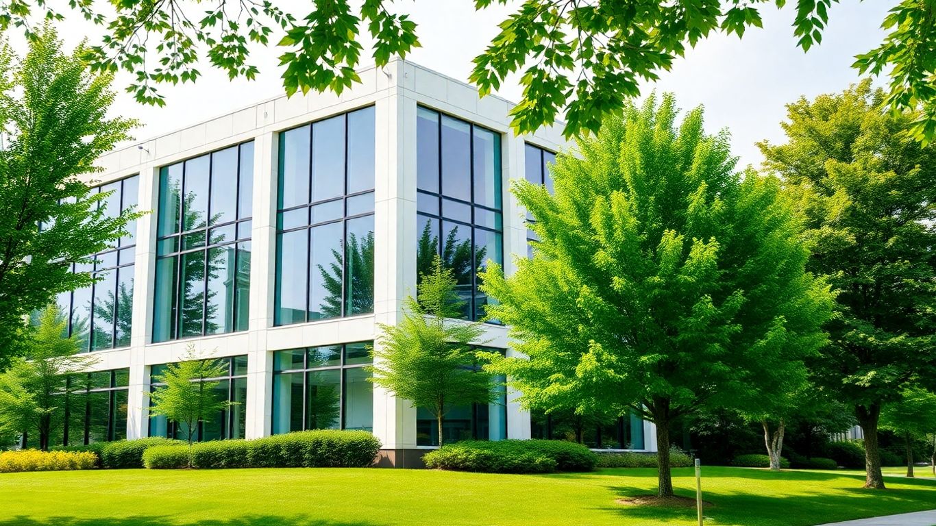 Edificio moderno de Lagun Aro con árboles verdes.