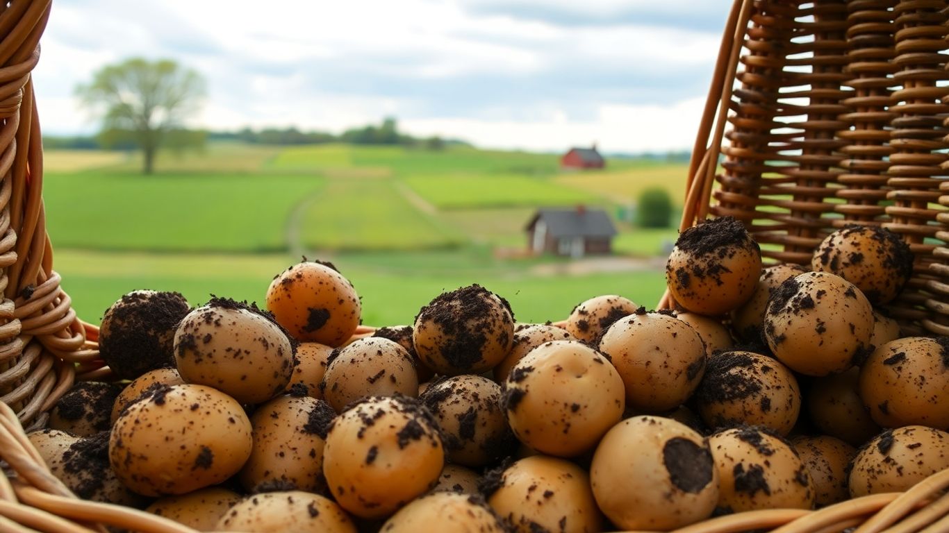Biologische aardappelen uit Friesland in mand op veld