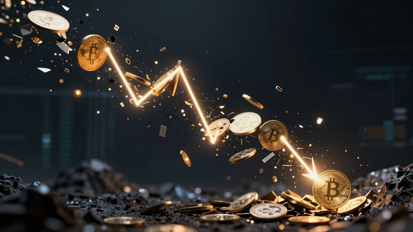 Falling cryptocurrency coins and a downward trend.