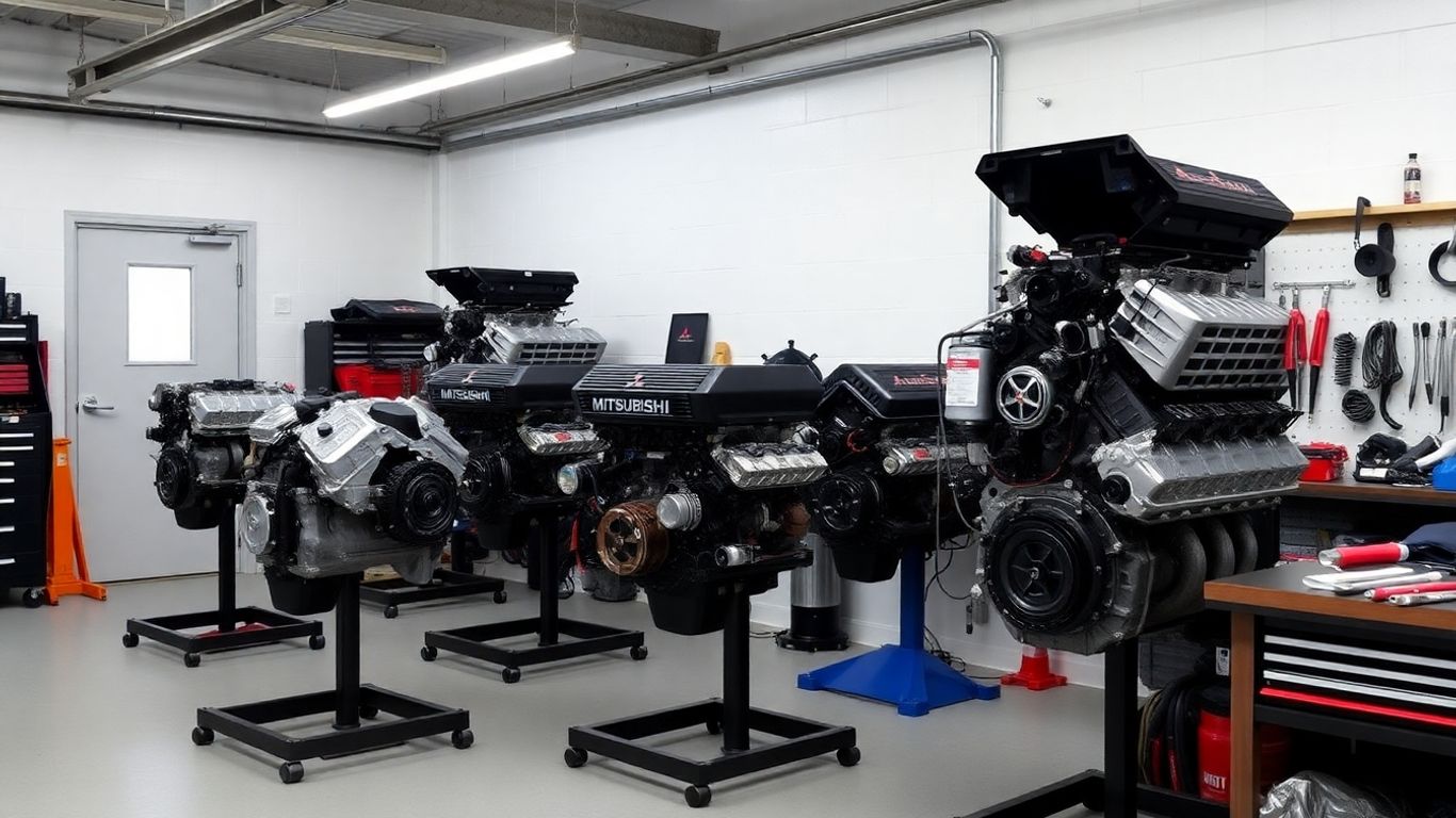 Various Mitsubishi engines for sale in a workshop.