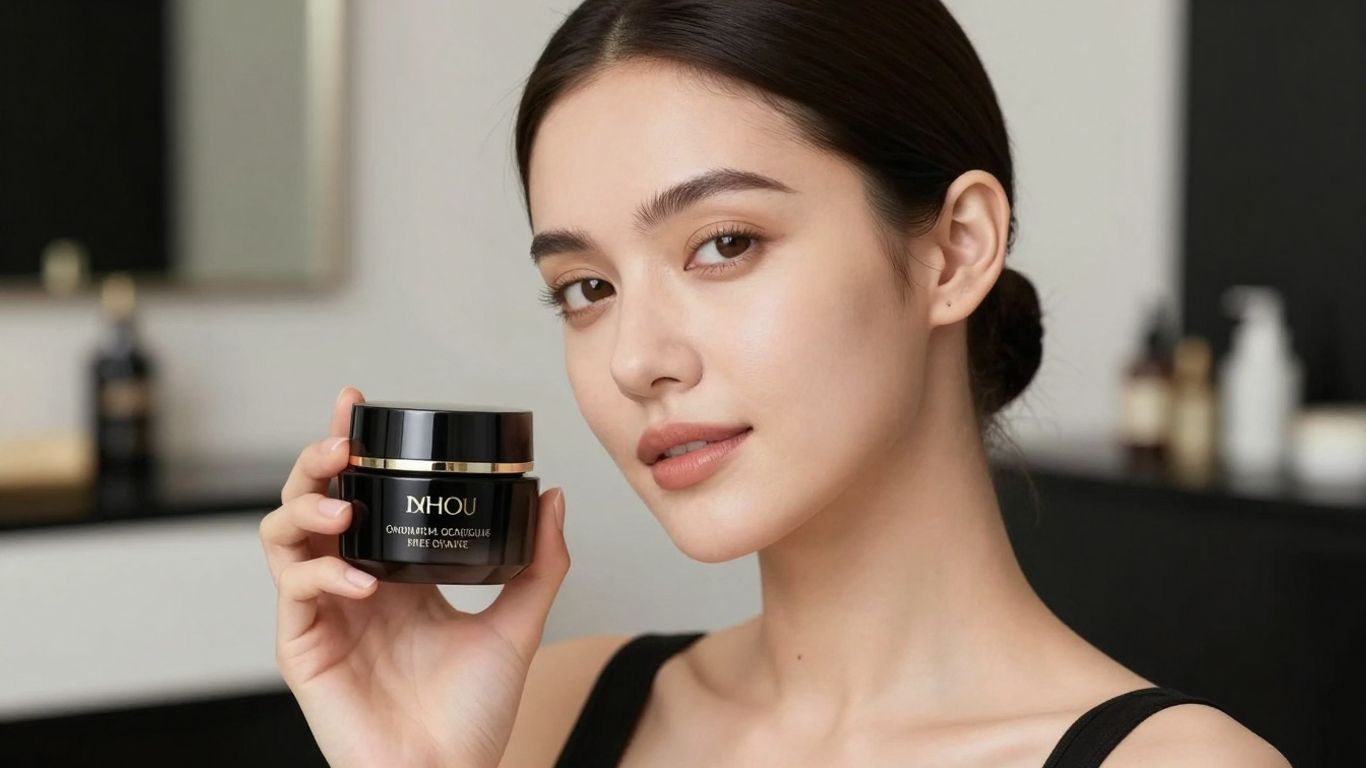 Femeie elegantă cu produse de îngrijire a pielii de lux.