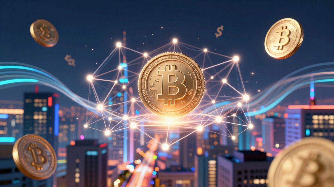 Digital finance cityscape with blockchain connections and currency streams.