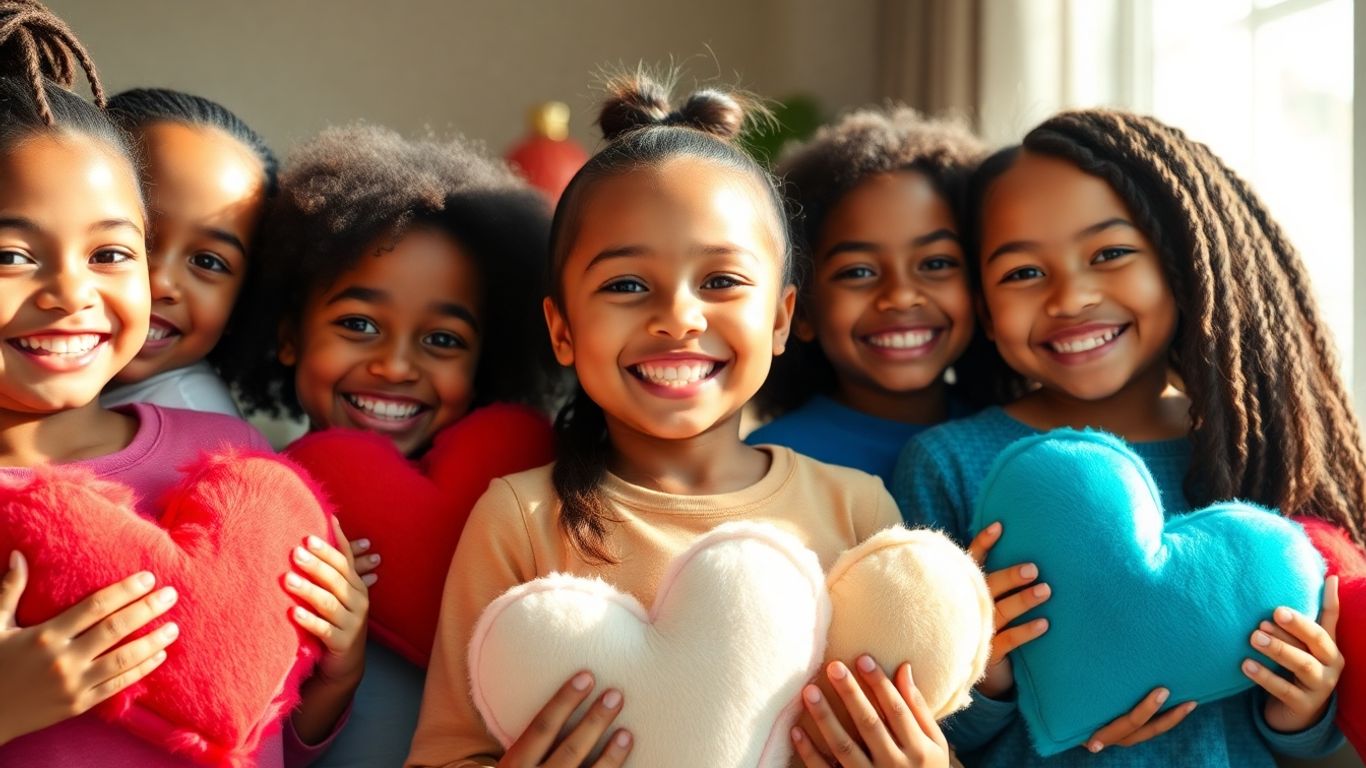Children happily holding soft, colorful heart-shaped gifts.