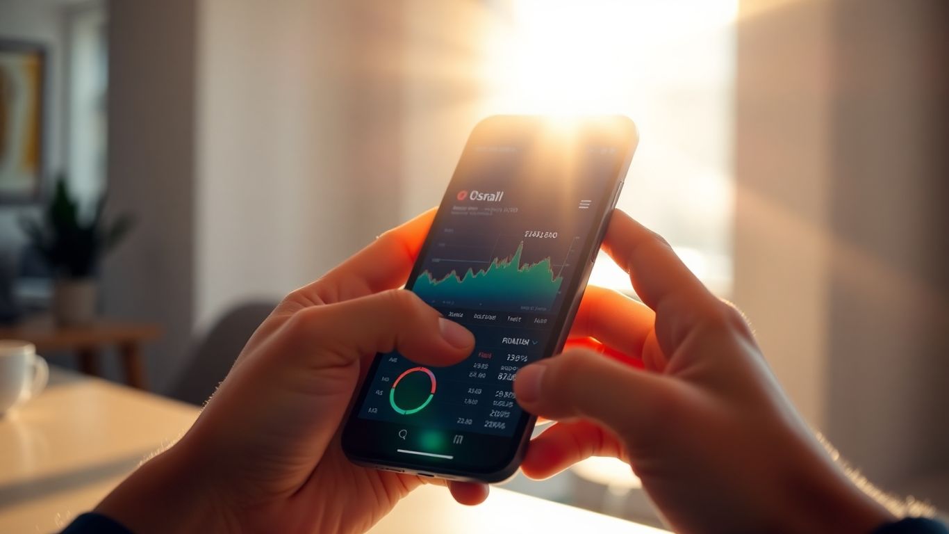 Hands holding smartphone with financial data.