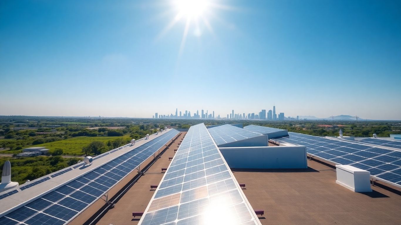 Panneaux solaires sur toits sous ciel bleu ensoleillé
