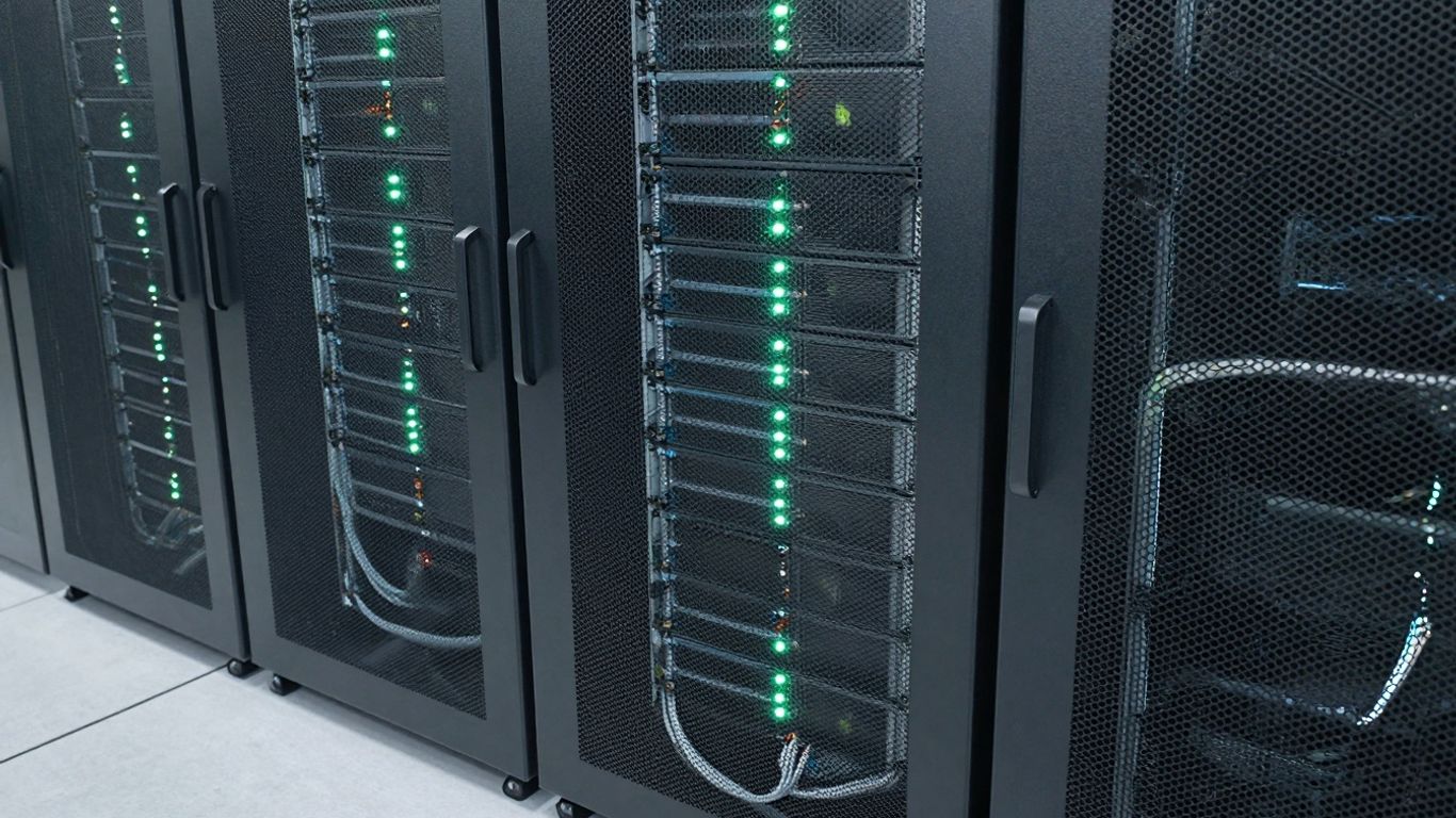 Servidores en sala de datacenter con luces parpadeantes.