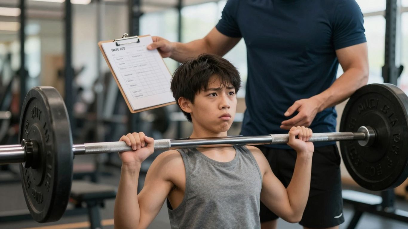 Beginner confused by weights, trainer points to workout plan.