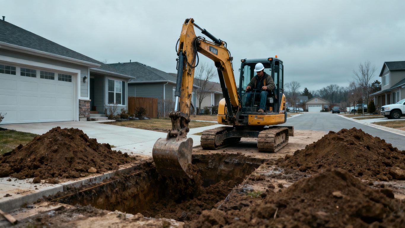 Excavator digging a driveway in cooler weather.