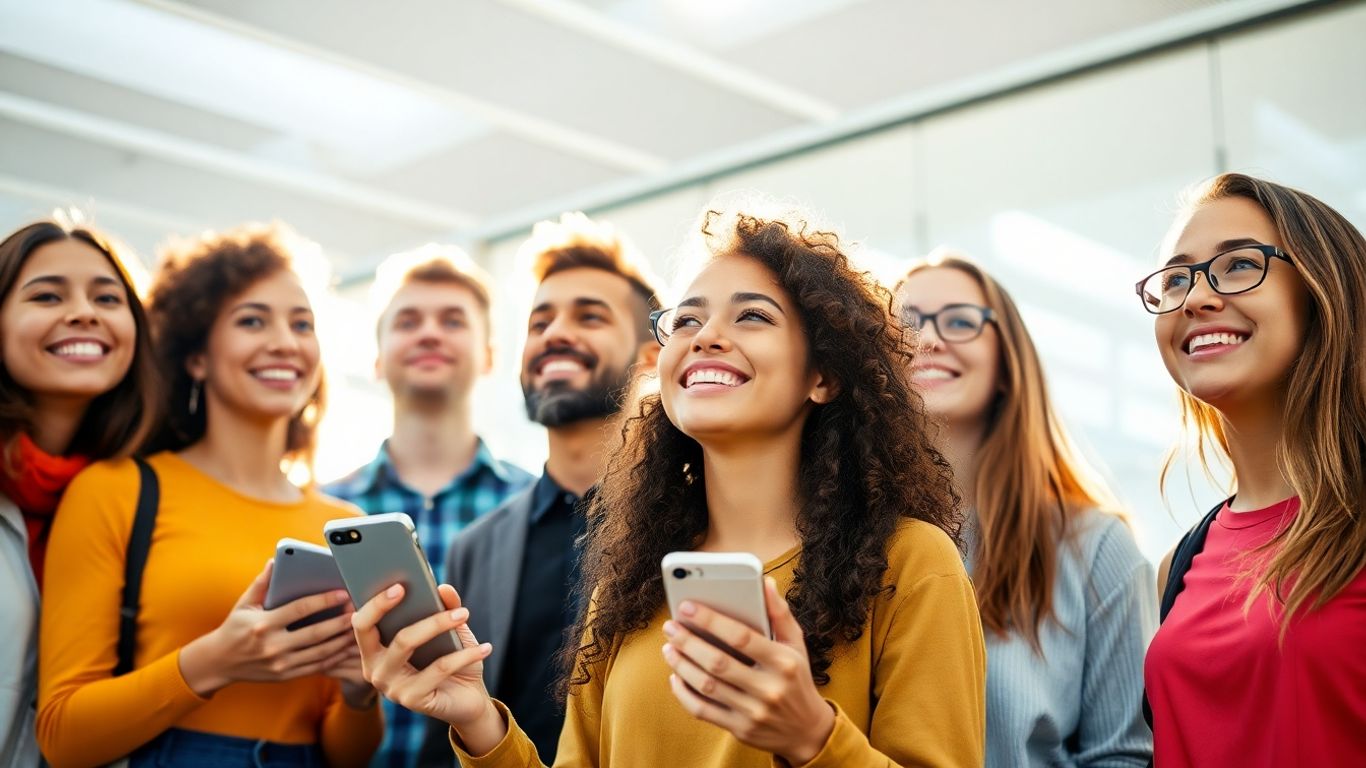 Jovens olhando para o futuro com otimismo e tecnologia.