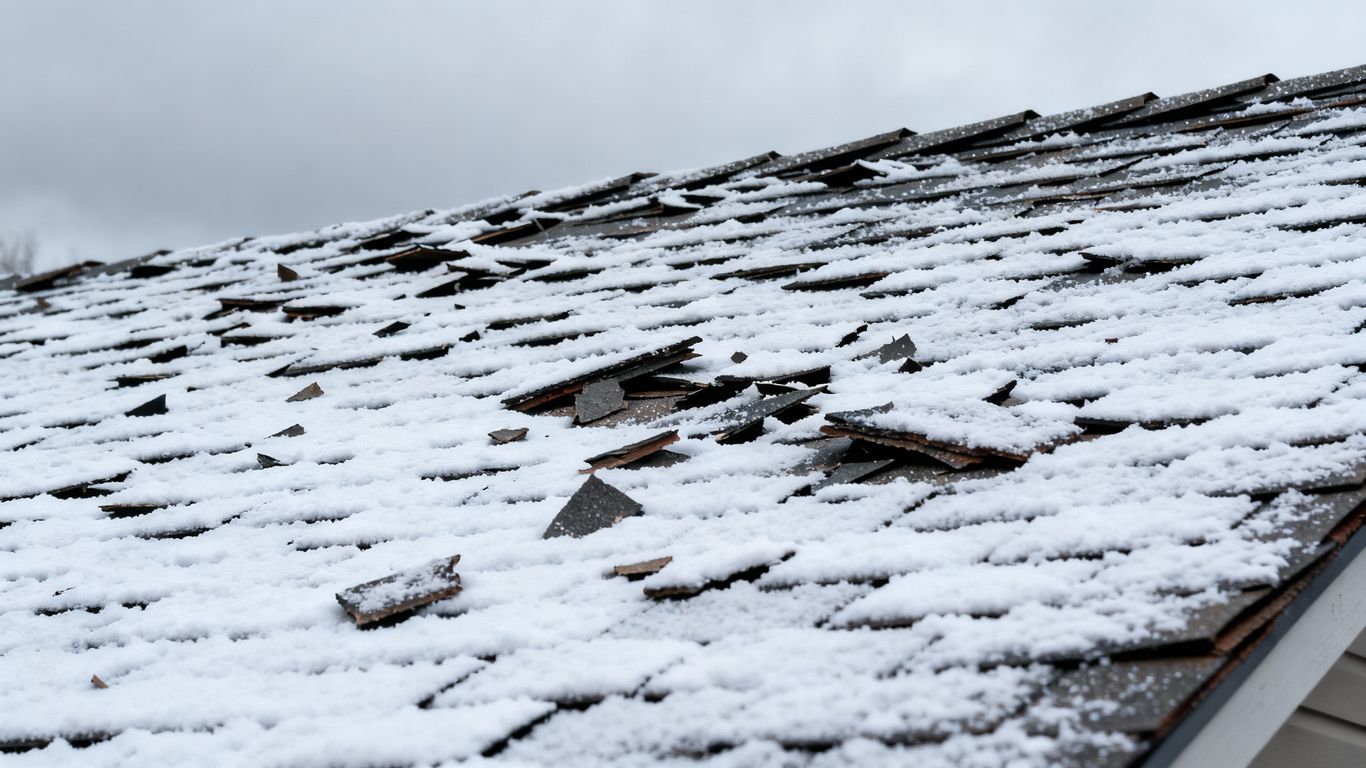 Damaged roof shingles with snow in winter.