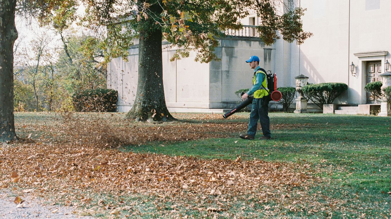 A man with a leaf blower in a yard
