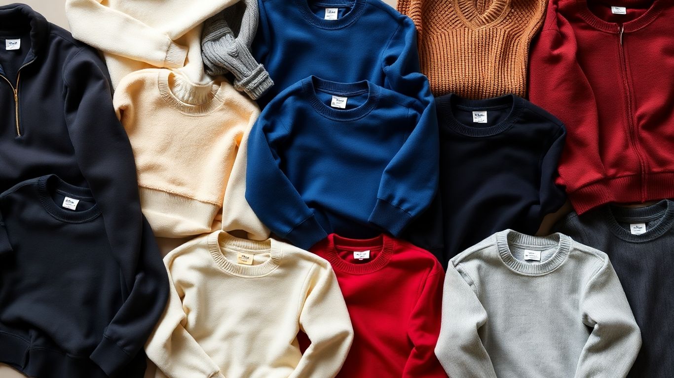 Collection of stylish sweatshirts in various colors and textures.