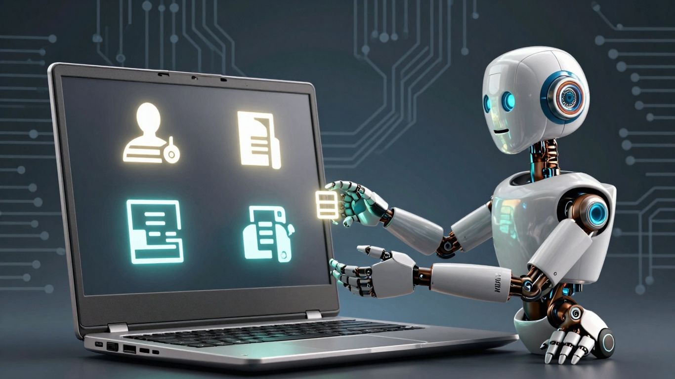 Lenovo IT support infographic with laptop and robot arm.