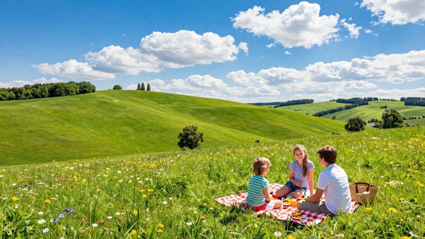 Ferien in Nordrhein-Westfalen: Grüne Hügel und sonniger Himmel