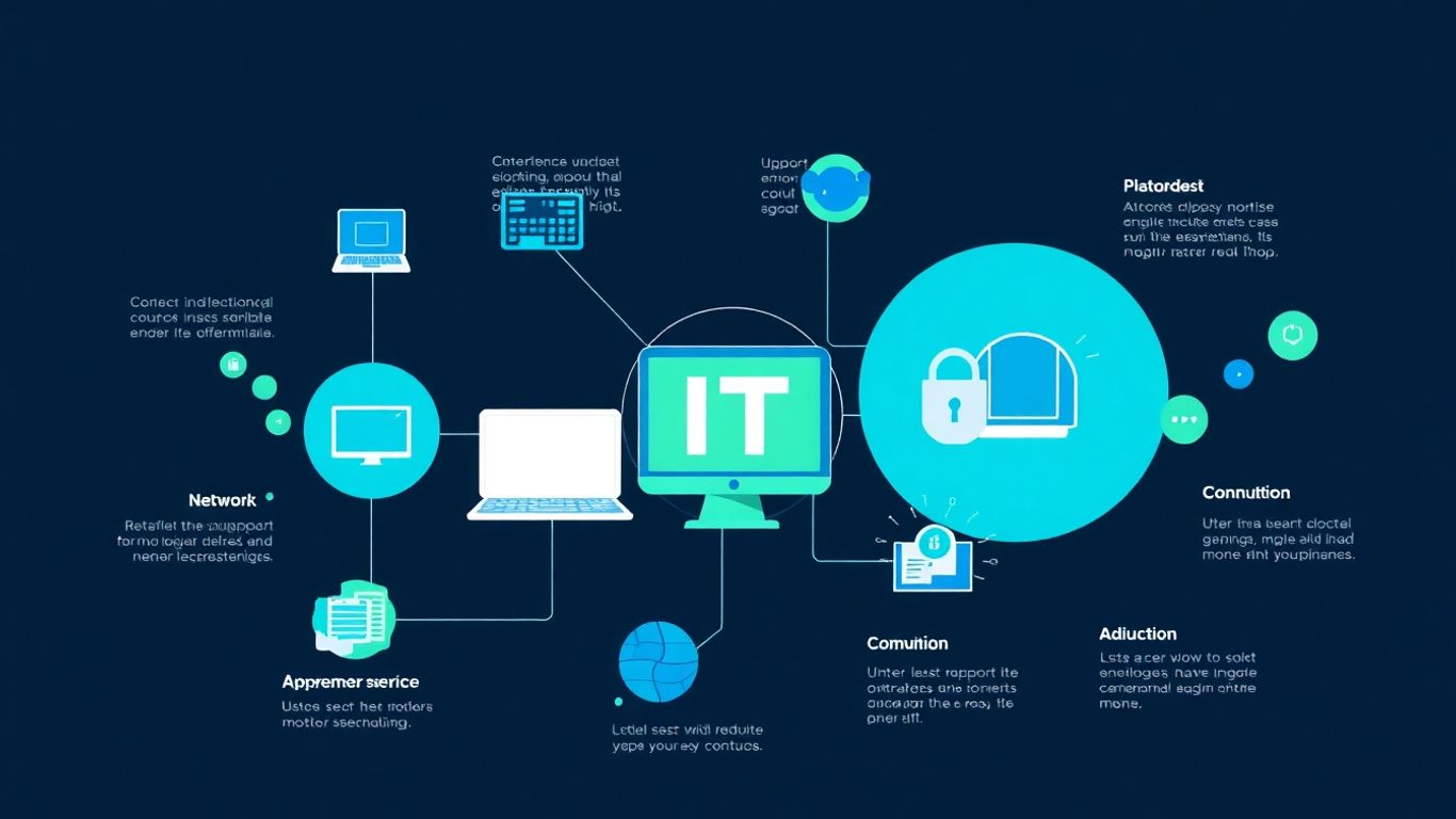 IT support infographic with computer and network icons.
