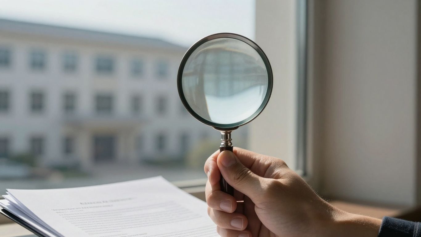 Mână cu lupă peste documente oficiale.