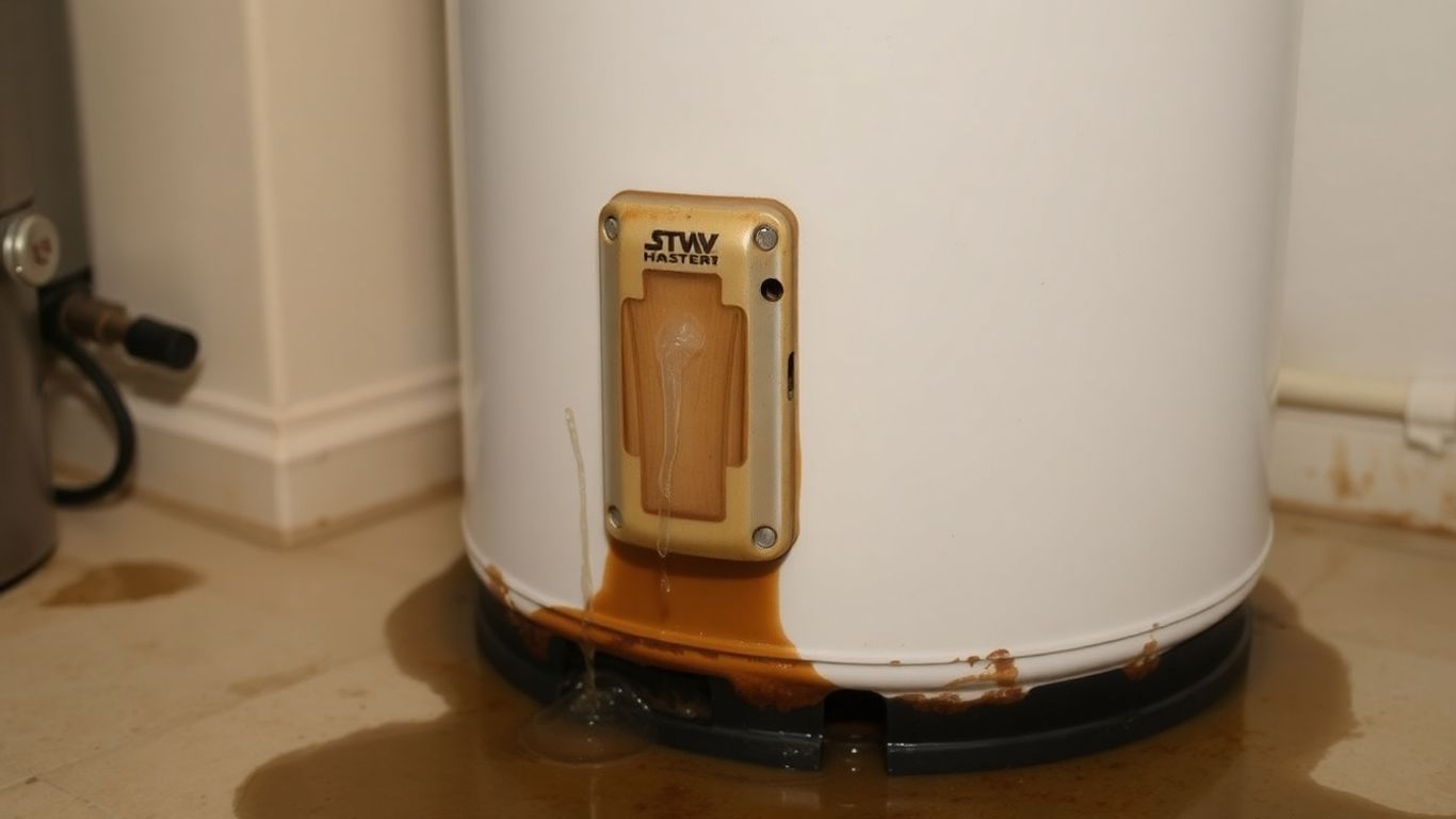 Leaking water heater with visible rust and drips.