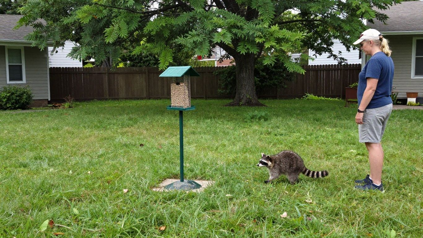 Homeowner watches raccoon in Tonawanda backyard.