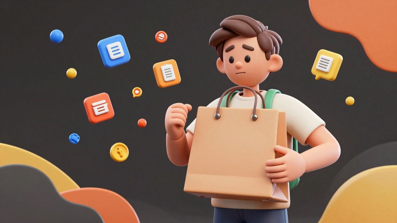 Cartoon character with shopping bag and payment icons.