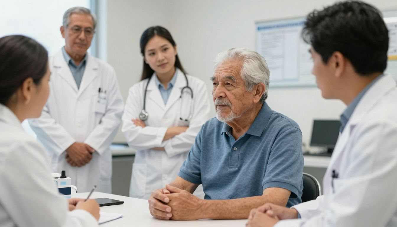 Elderly adult participating in a clinical trial for neurodegeneration, with diverse researchers observing