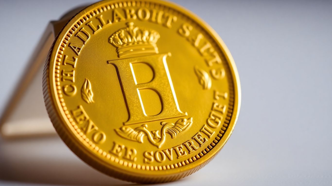 Close-up of a shiny gold Sovereign coin.