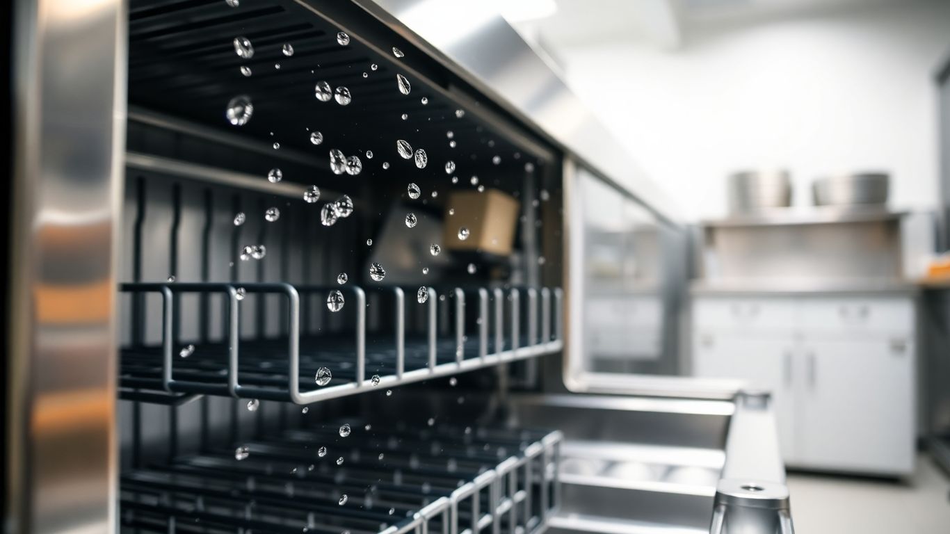 Commercial pass-through dishwasher in a clean kitchen.