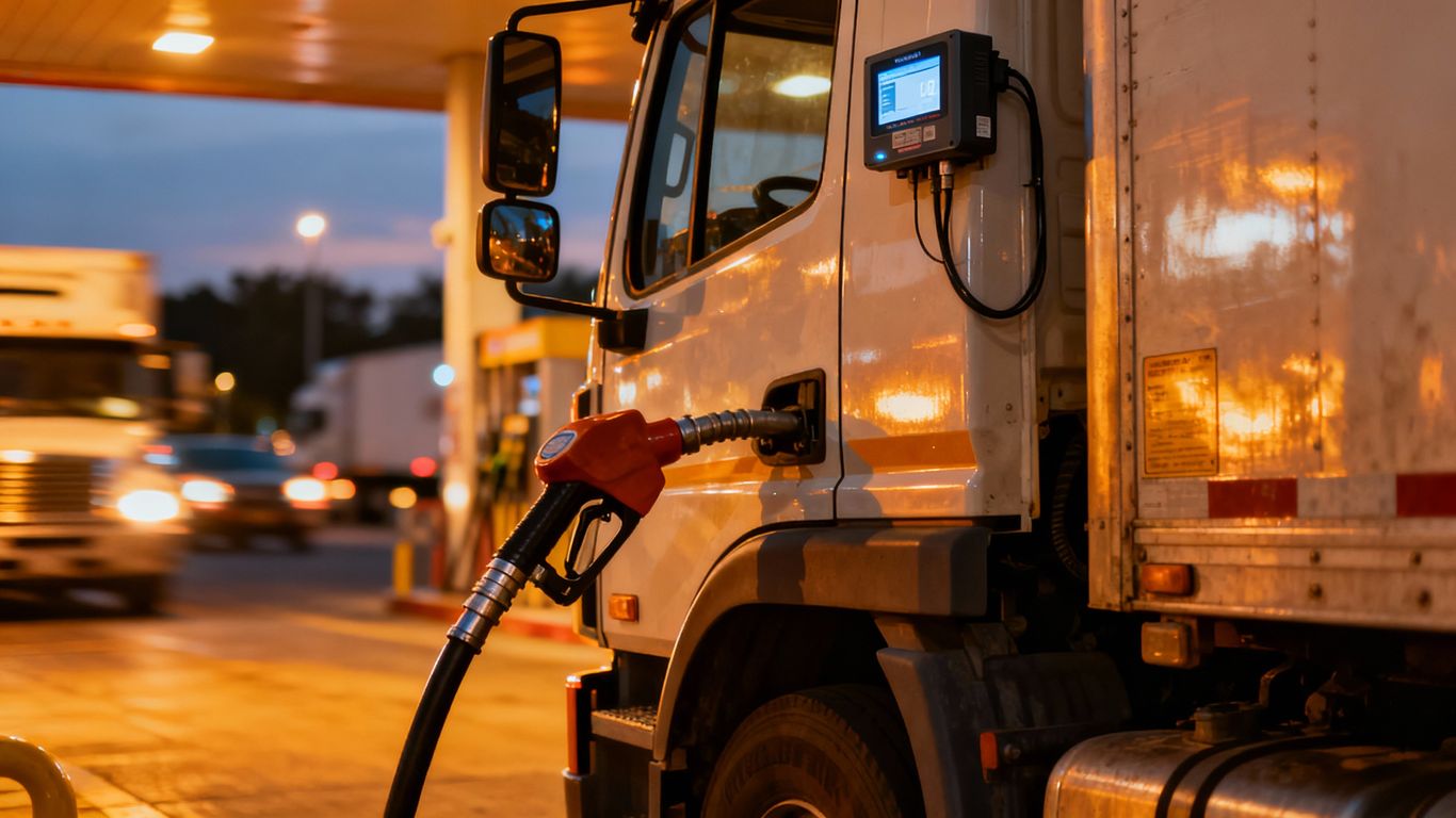 Diesel truck refueling with digital tracking devices visible