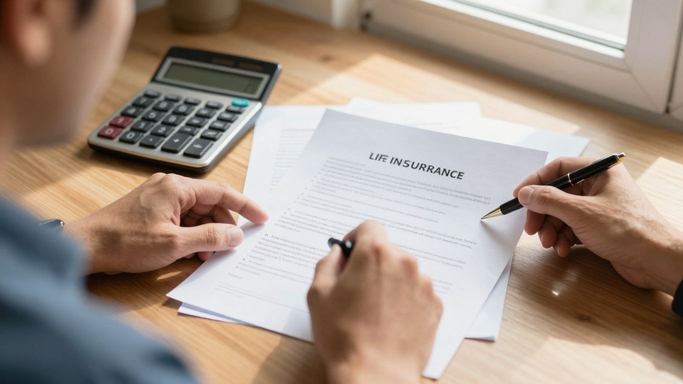 Life insurance calculator and policy document on a desk.