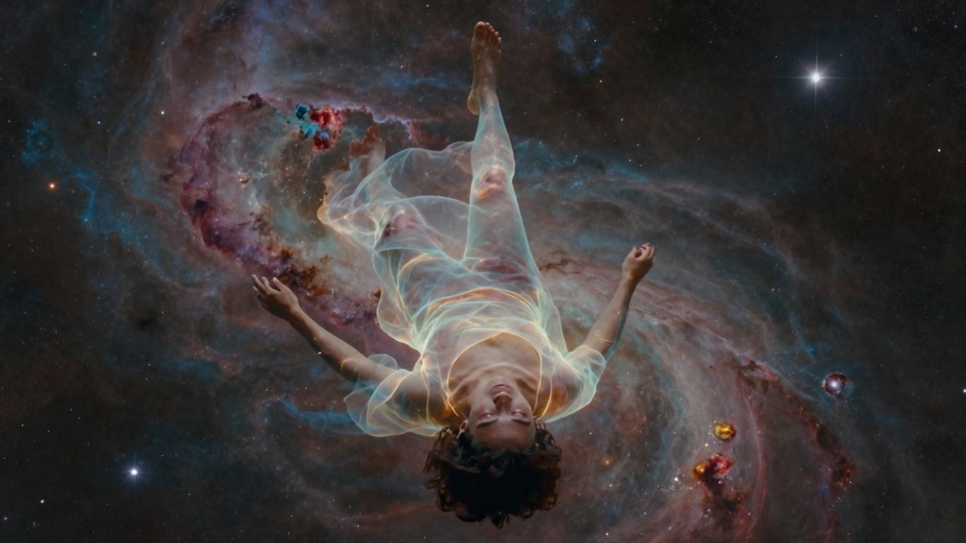 Osoba unosząca się nad swoim ciałem, podróż astralna.