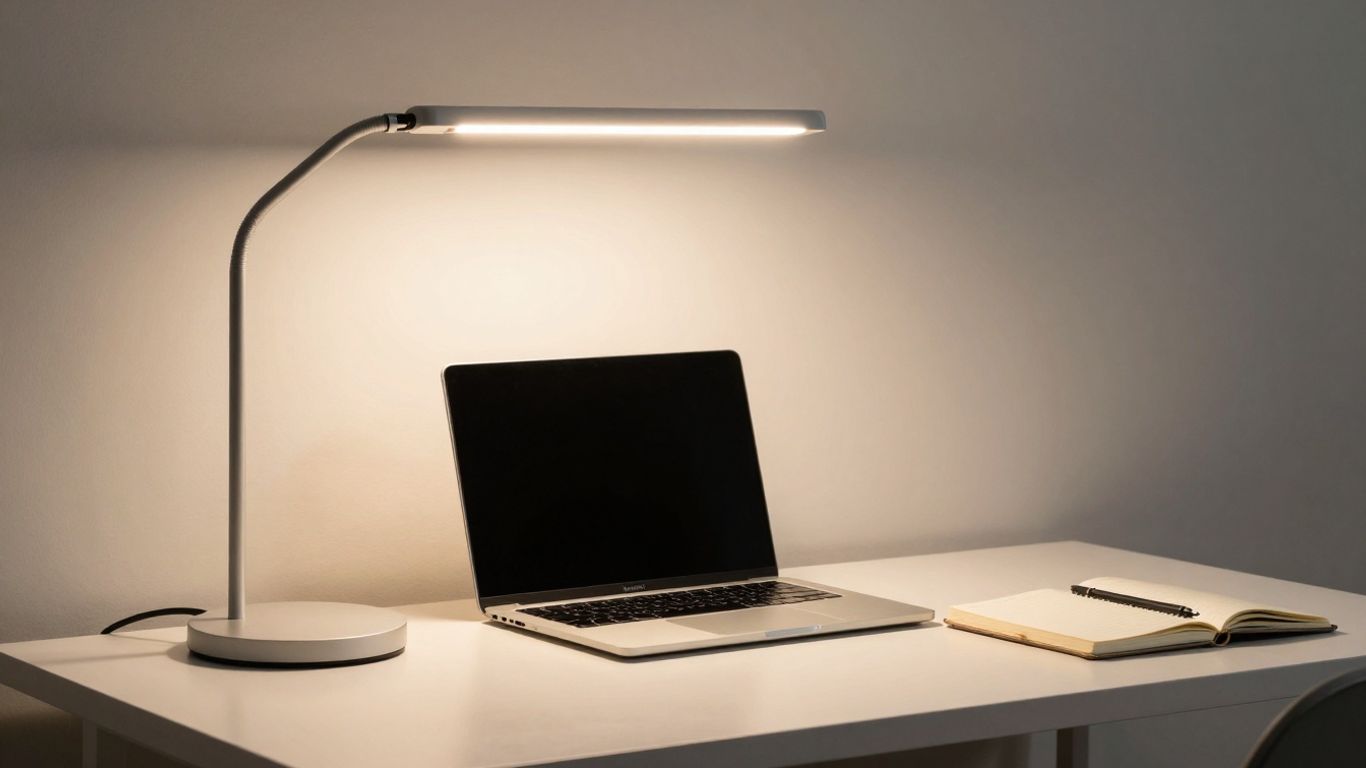 Adjustable LED desk lamp illuminating a modern workspace.