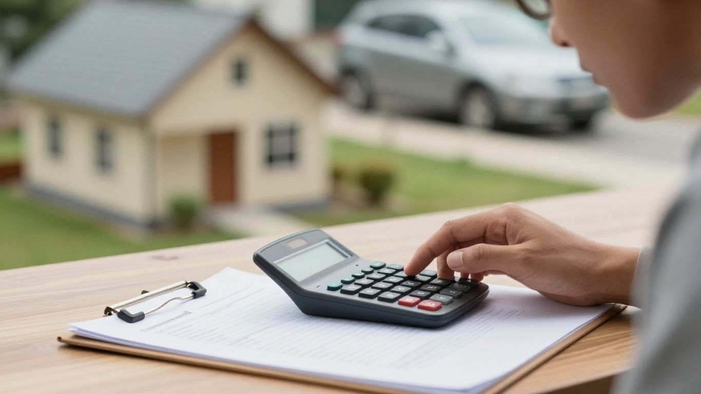 Person planning finances with calculator and documents.