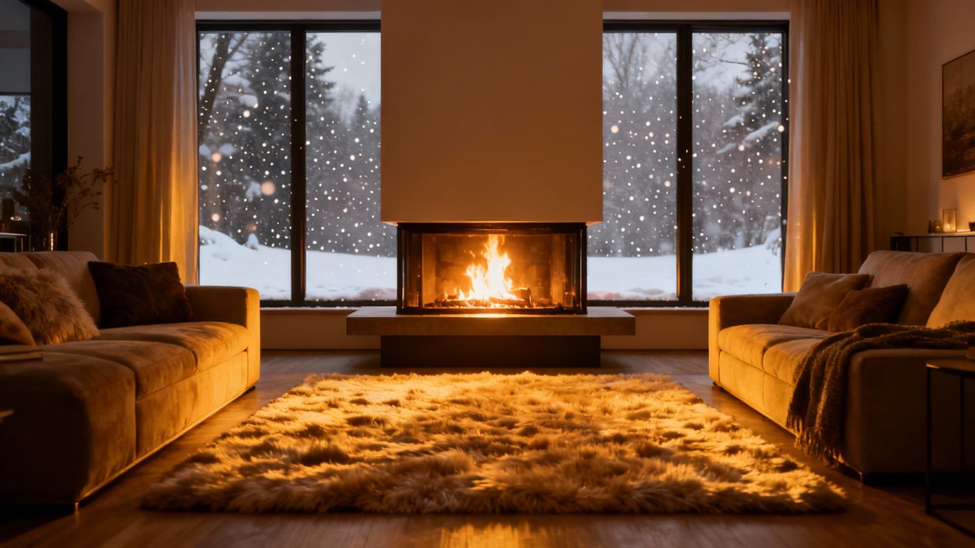 Cozy living room with a fireplace and snow outside.
