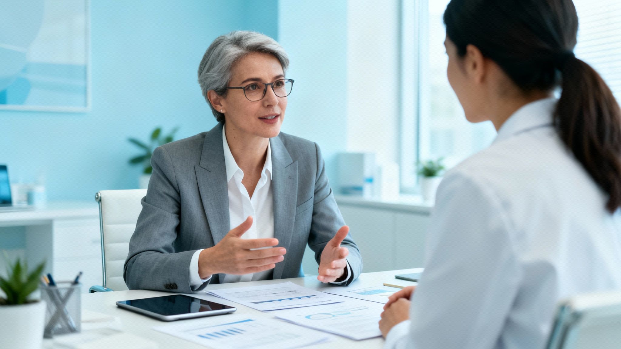 Clinic owner in a meeting discussing business strategy.