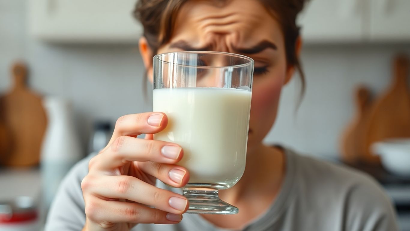 Person with milk glass, feeling discomfort.