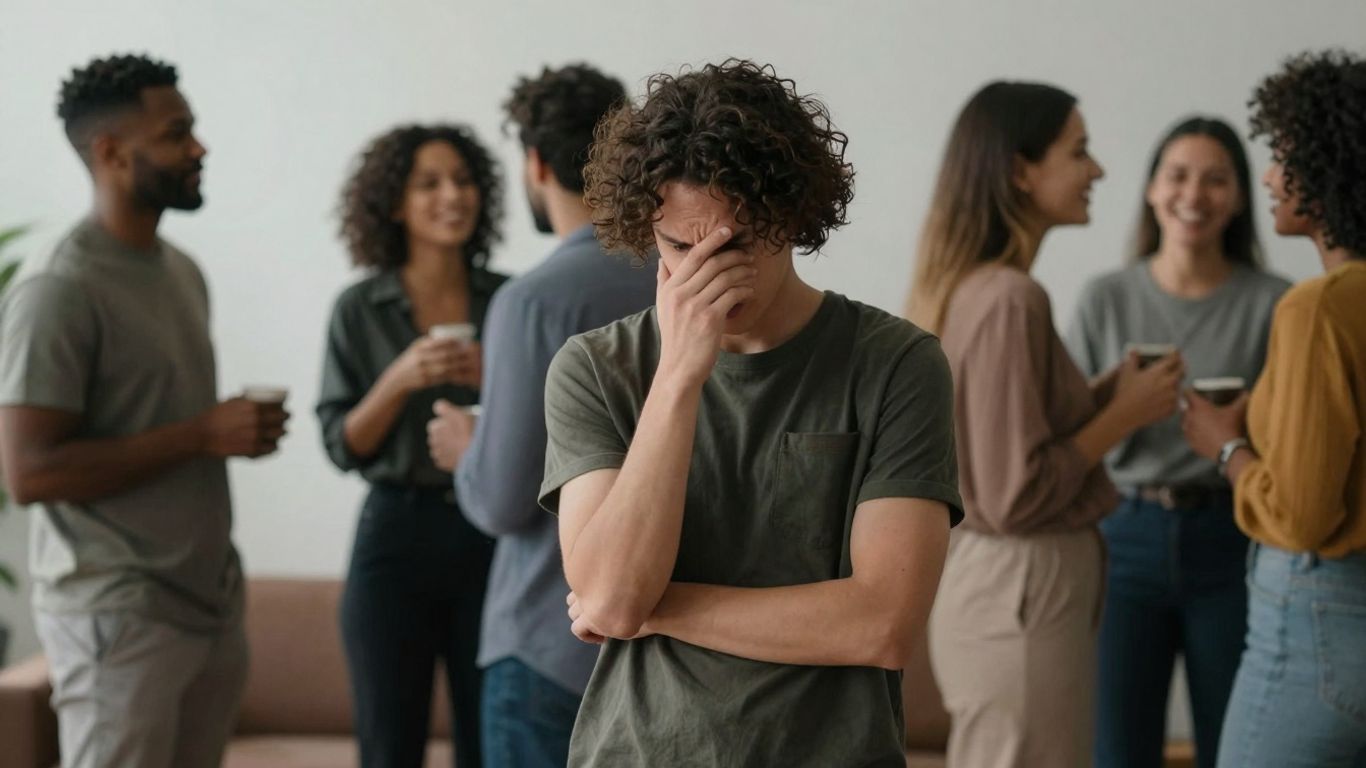 Person looking awkward at a social gathering.