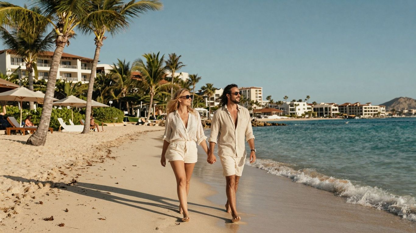 Couple enjoying a sunny beach vacation in Cabo.