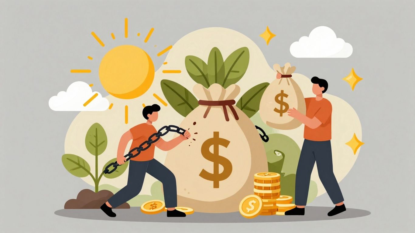 Pessoa quebrando correntes de moedas, atraindo prosperidade e dinheiro.