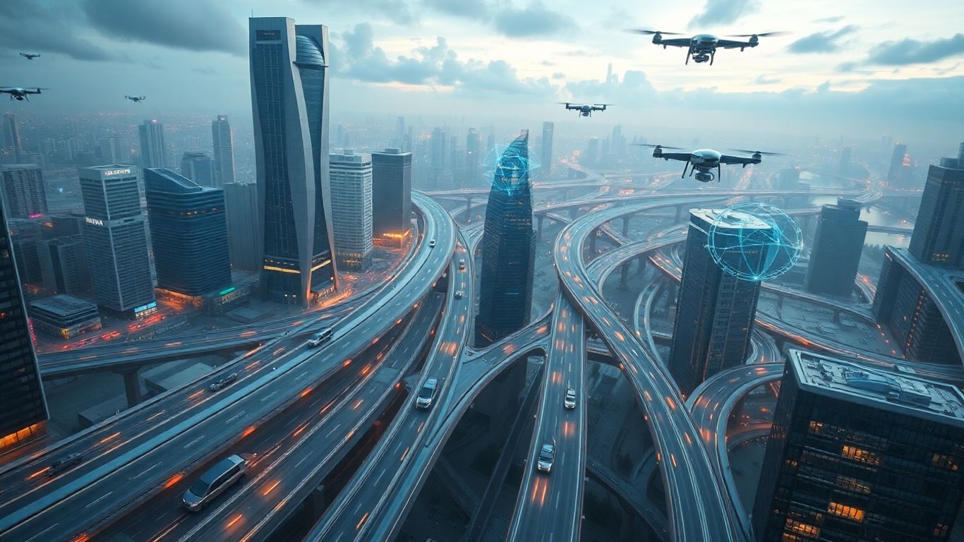Futuristic city with autonomous vehicles and drones.
