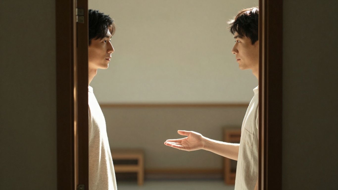 Couple at a doorway, symbolizing separation.