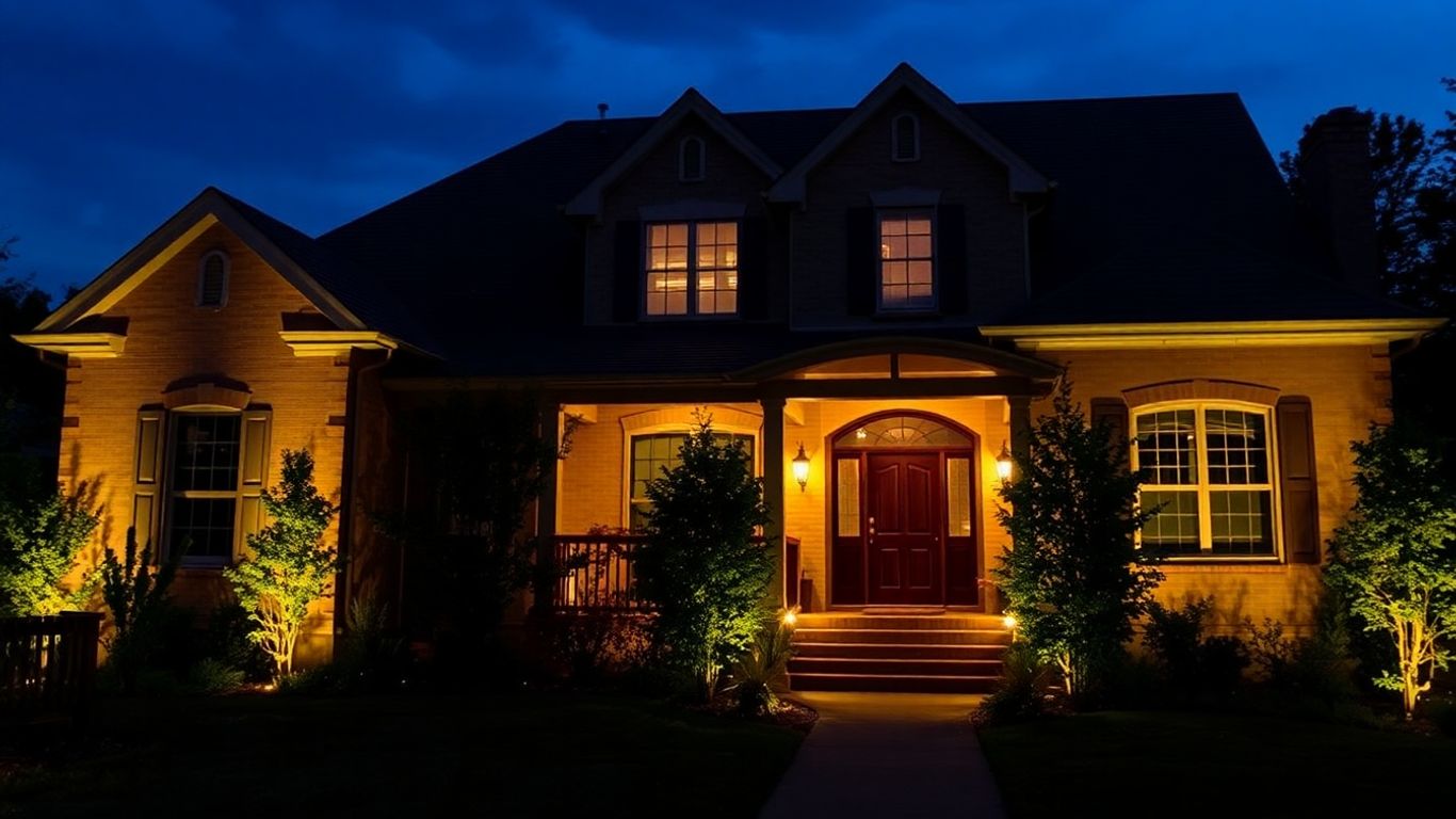 Illuminated house exterior at dusk.
