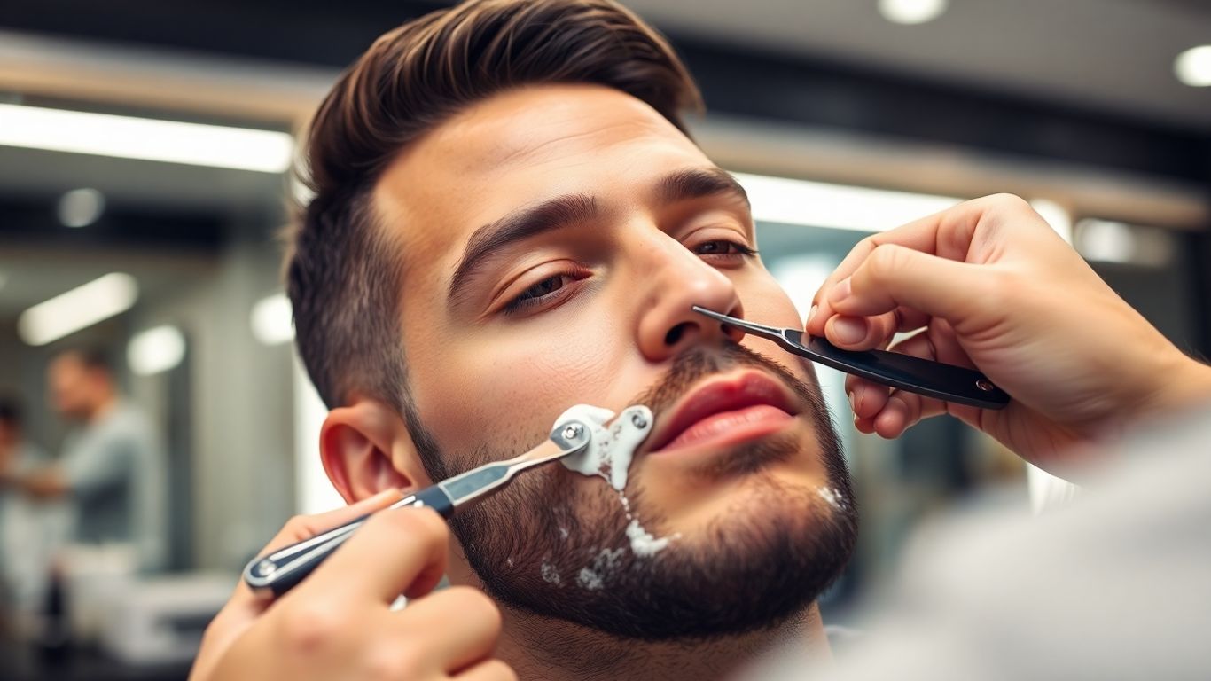 Man getting straight razor shave at modern barbershop.