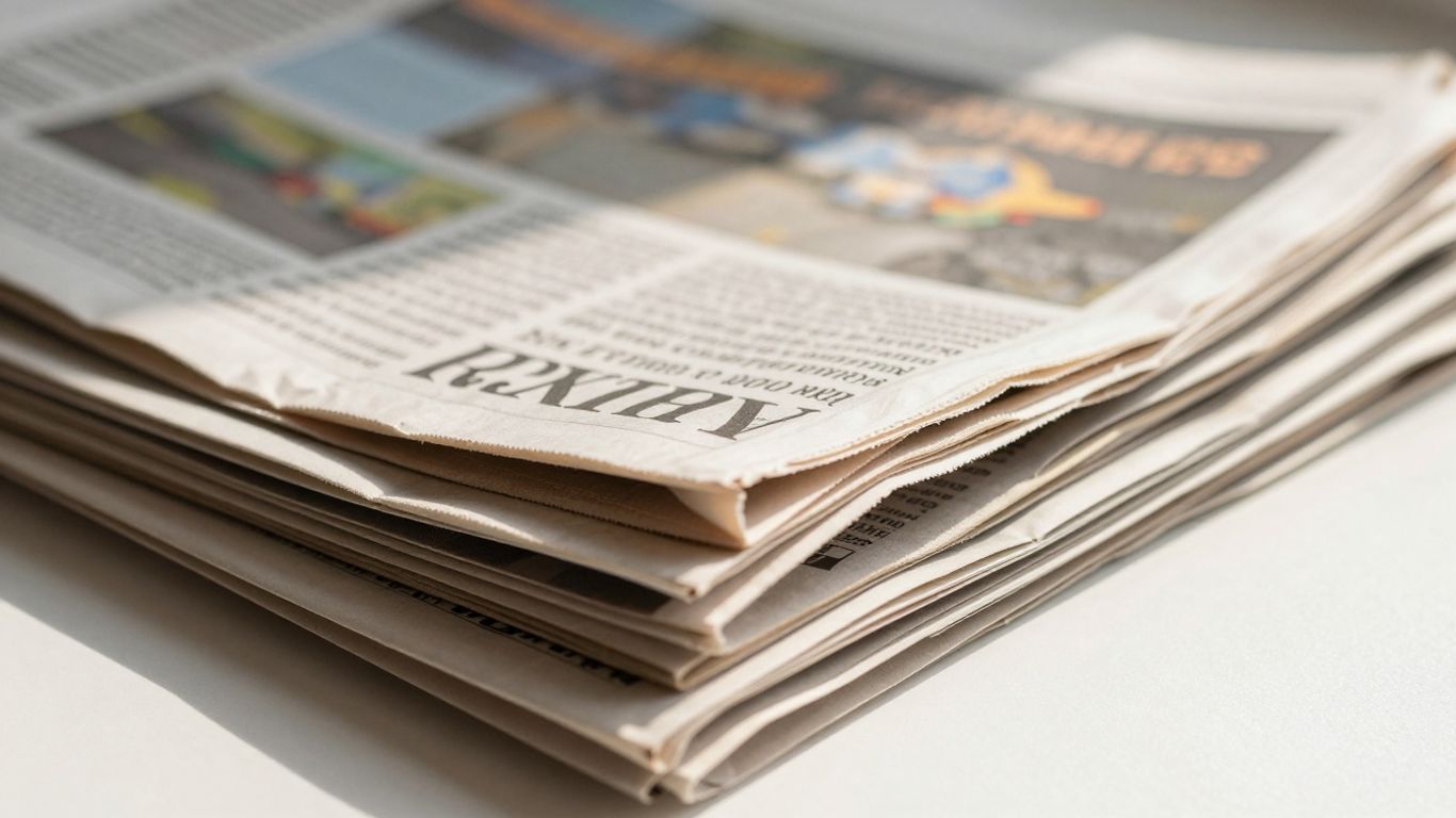Stack of financial newspapers with headlines visible.