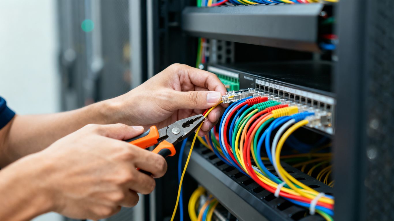 Technician connecting network cables in a server room.