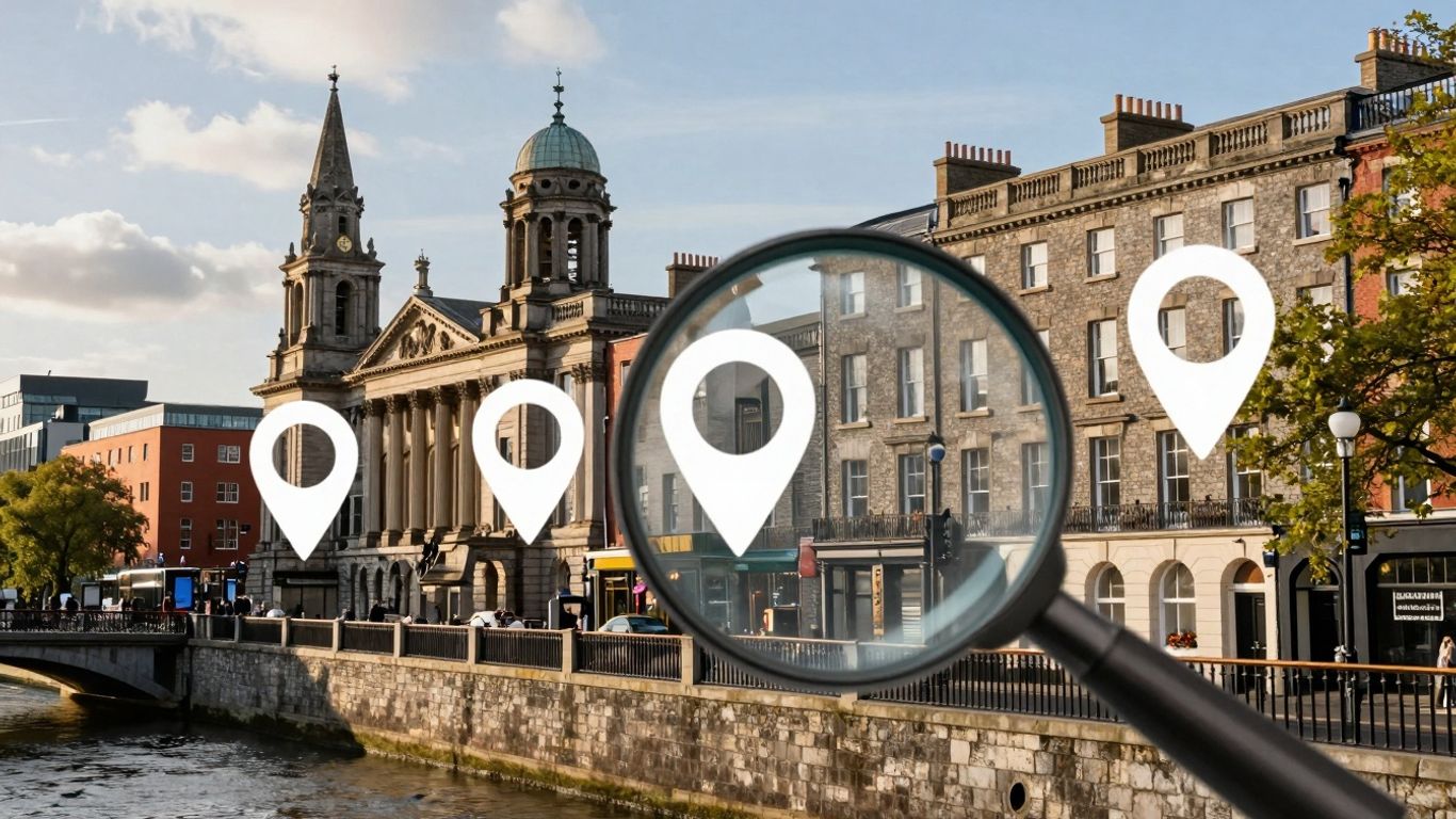 Dublin cityscape with location pins for local SEO.