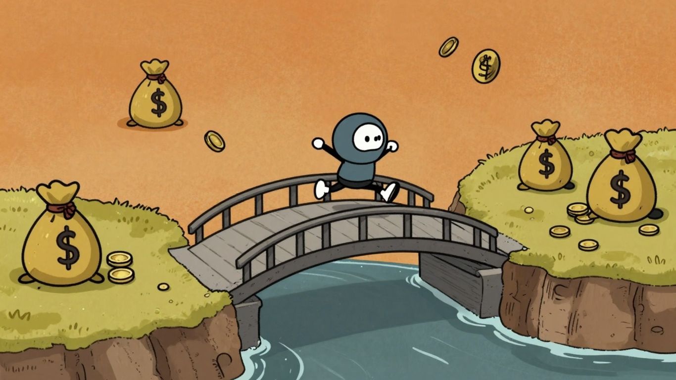 Cartoon bridge with money bags and character jumping.