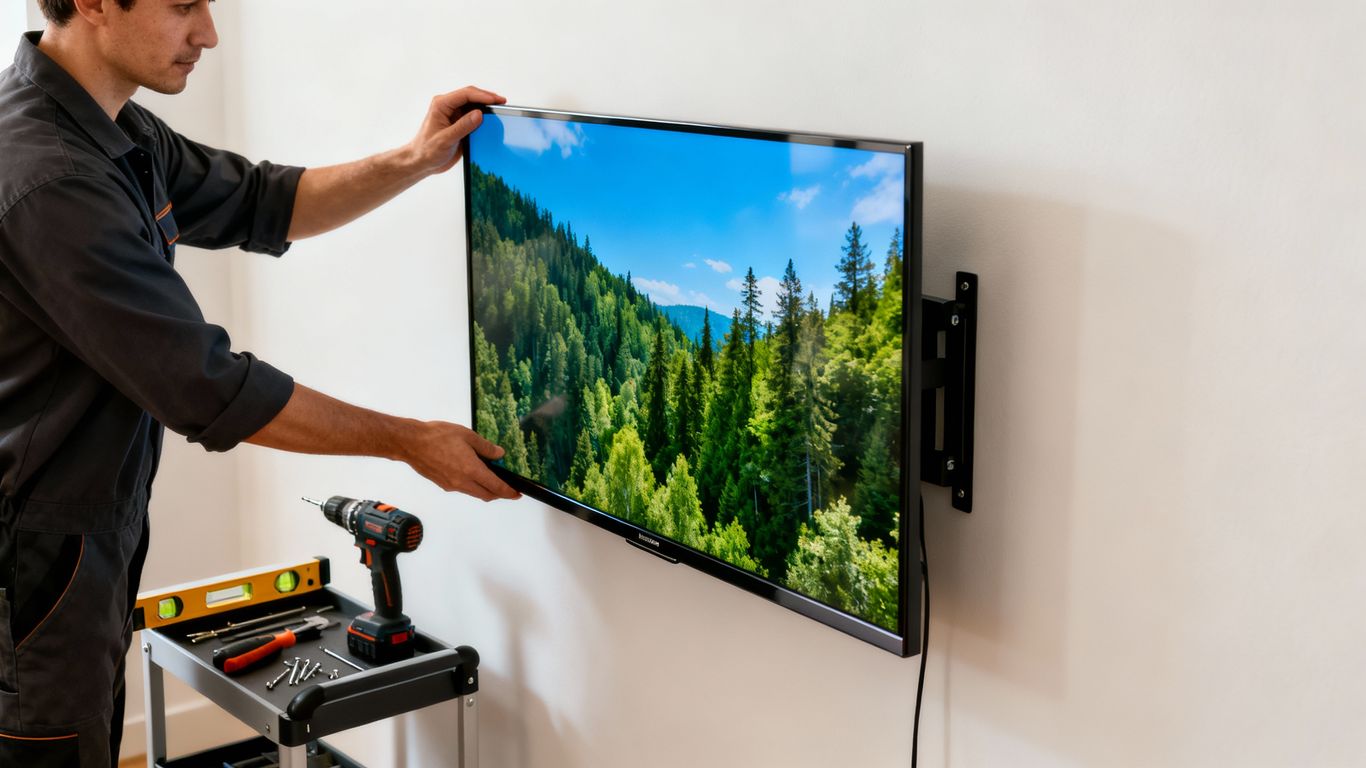 Professional TV mounting service installing a flat-screen TV.
