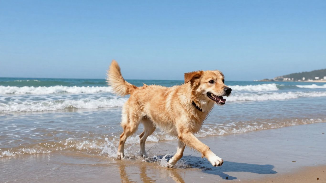 Hond rent vrolijk op het strand bij de zee.