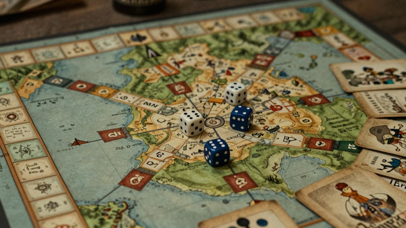 Stare gry planszowe ze Śródziemia, mapy, karty, kości.