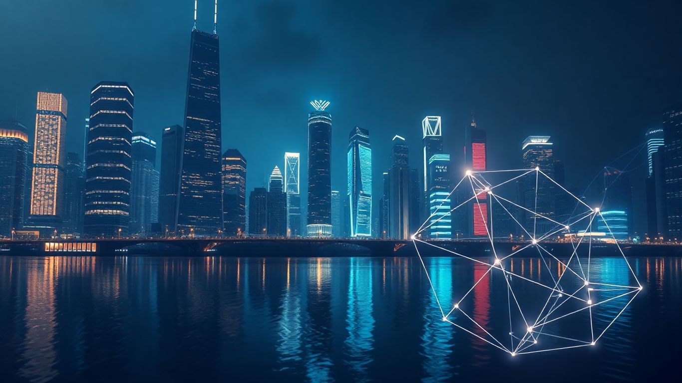 Digital cityscape with glowing data streams and geometric shapes.