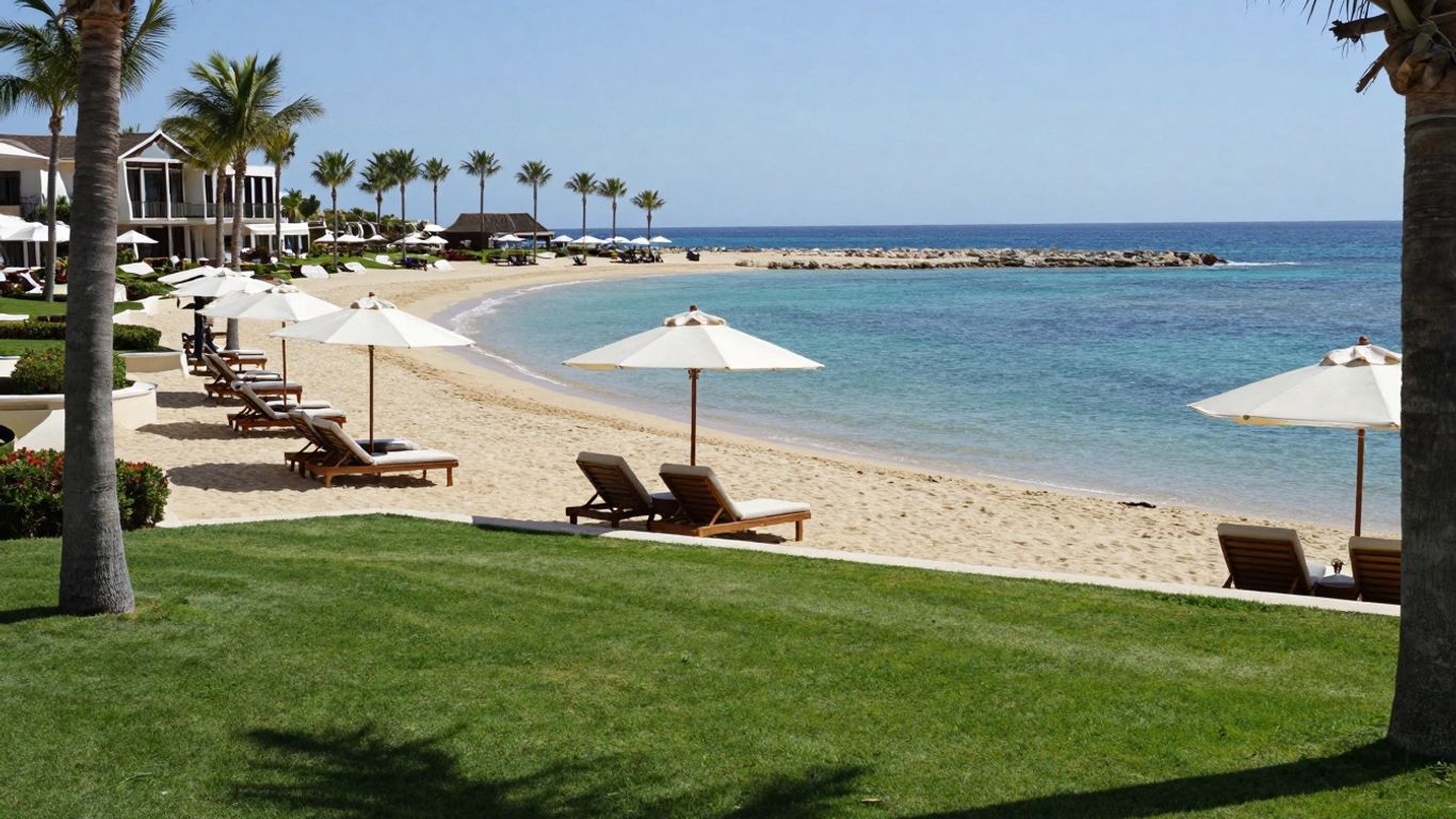 Cabo resort beach with swimmable ocean and palm trees.